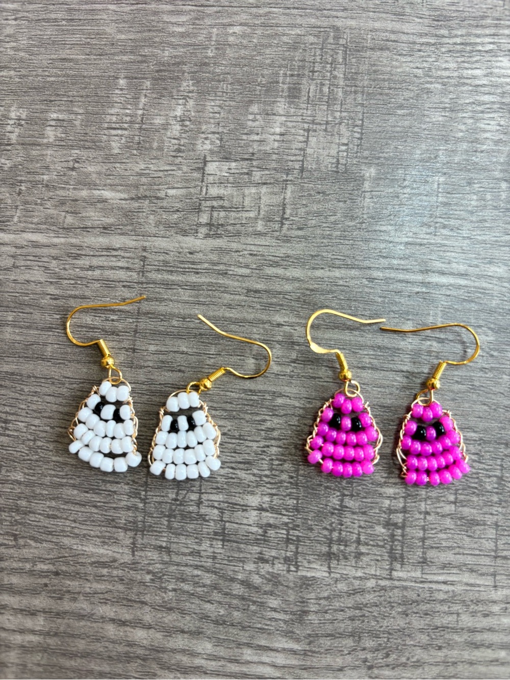Handmade Beaded ghost Earrings in White and Hot Pink.  Two pairs.
